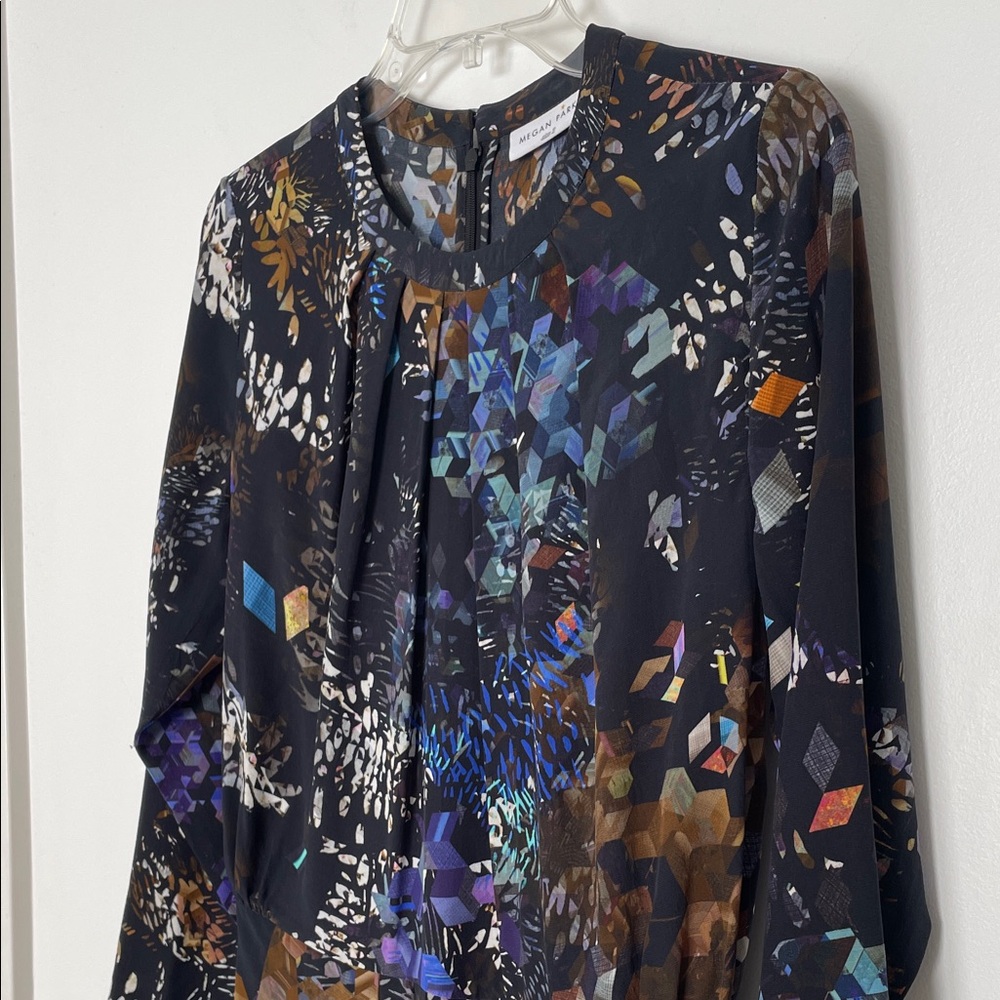 Megan Park Black Abstract-Print Long Sleeve Midi Dress 100% Silk size 2